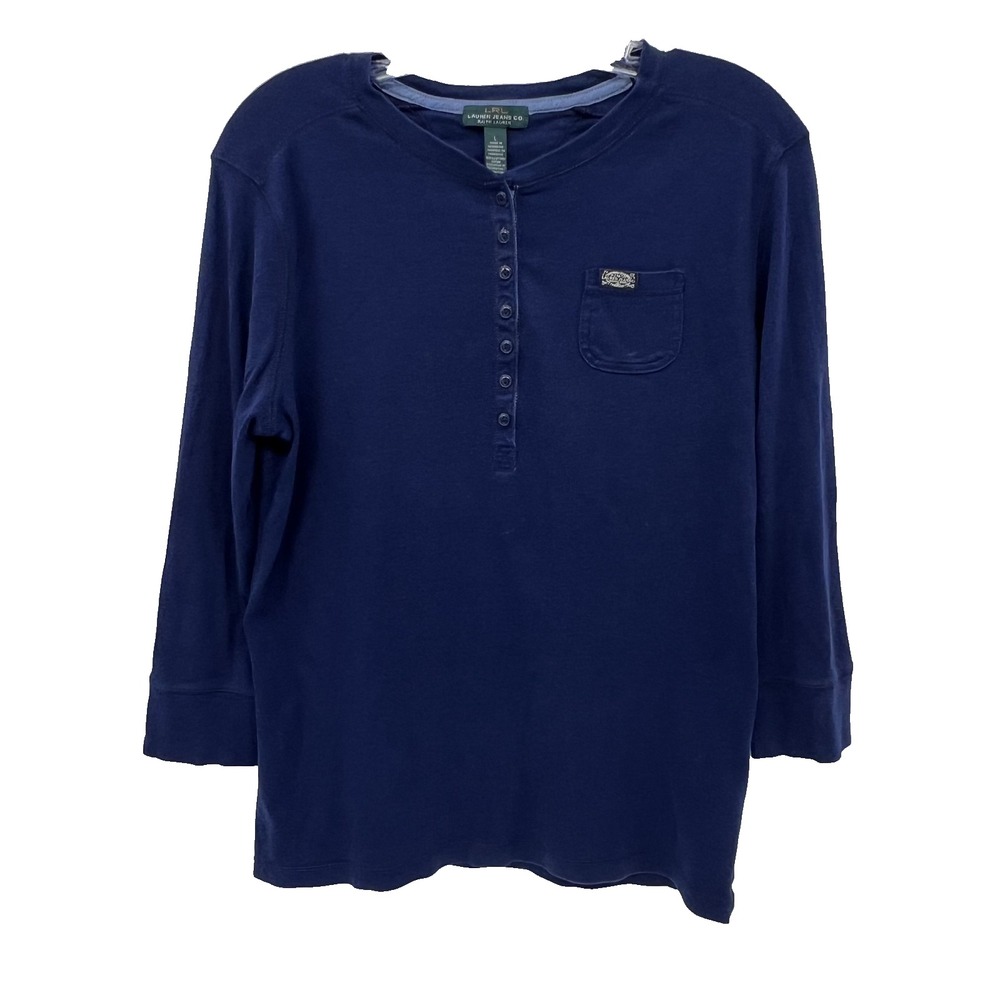 LRL LAUREN JEANS CO. Women's Size L Navy Blue 3/4-Sleeve 1/2-Button Henley Shirt